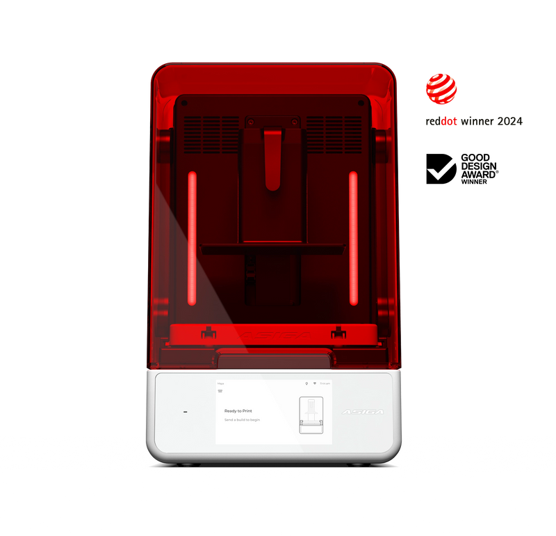 A front view of the Asiga Ultra 3D printer with award accolades reddot winner 2024 and Good Design Award