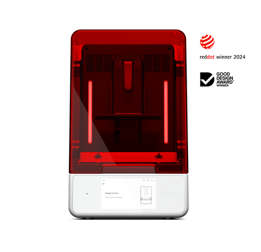 A front view of the Asiga Ultra 3D printer with award accolades reddot winner 2024 and Good Design Award