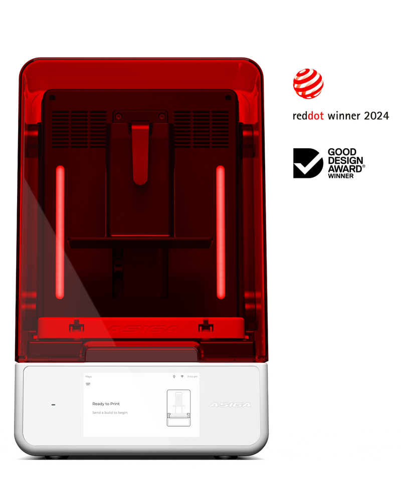 A front view of the Asiga Ultra 3D printer with award accolades reddot winner 2024 and Good Design Award