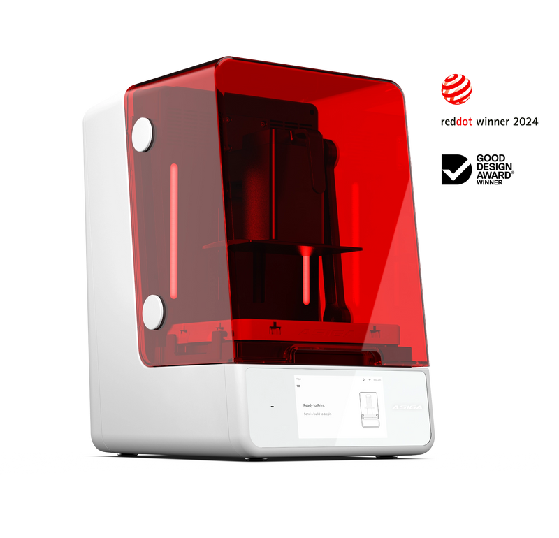 An offset front left view of the Asiga Ultra 3D printer with award accolades reddot winner 2024 and Good Design Award