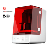 An offset front right view of the Asiga Ultra 3D printer with award accolades reddot winner 2024 and Good Design Award