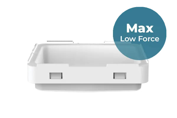 A white ASIGA Max Low Force Build Tray resin tank with a blue circular badge overlay reading 'Max Low Force' on a white background.