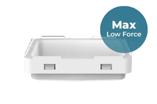 A white ASIGA Max Low Force Build Tray resin tank with a blue circular badge overlay reading 'Max Low Force' on a white background.