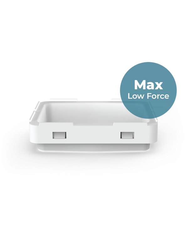 A front view of the Max Low Force build tray/ resin tray, against a white background.