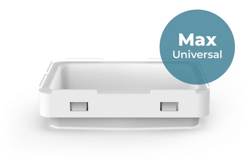 A white ASIGA Max Universal Build Tray resin tank with a blue circular badge overlay reading 'Max Universal' on a white background.