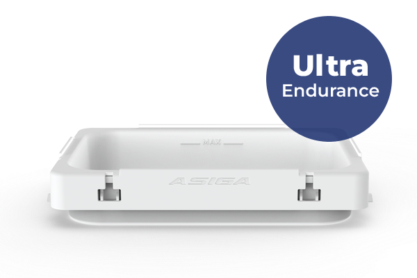 A white ASIGA Ultra Endurance Build Tray resin tank with a blue circular badge overlay reading 'Ultra Endurance' on a white background.