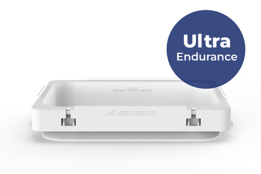 A white ASIGA Ultra Endurance Build Tray resin tank with a blue circular badge overlay reading 'Ultra Endurance' on a white background.