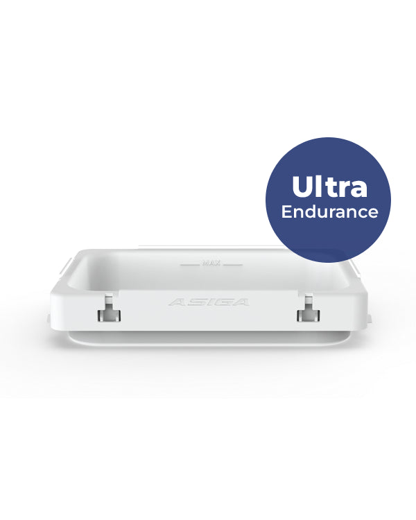 A white ASIGA Ultra Endurance Build Tray resin tank with a blue circular badge overlay reading 'Ultra Endurance' on a white background.