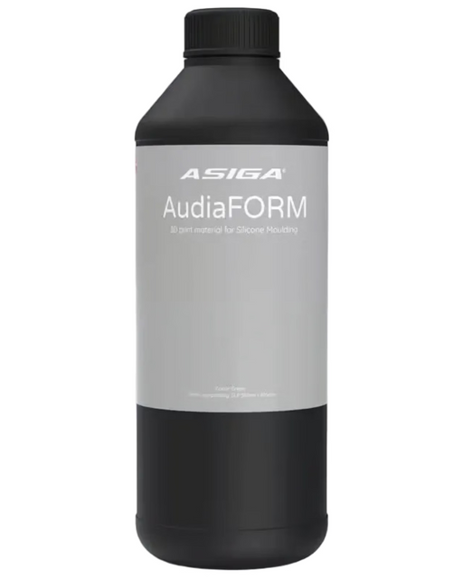 A front view of Asiga AudiaFORM in a black bottle with a ribbed cap against a white background, with a label that says 3D print material for Silicone Moulding
