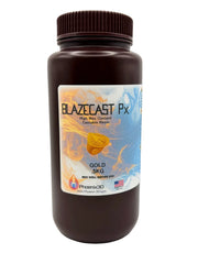 A front full view of BlazeCast Px  High Wax Content Jewelry Castable Resin in a .5kg brown plastic bottle with a ribbed cap, featuring the Phoenix 3D Supply logo, United States flag with the words BASED IN THE USA