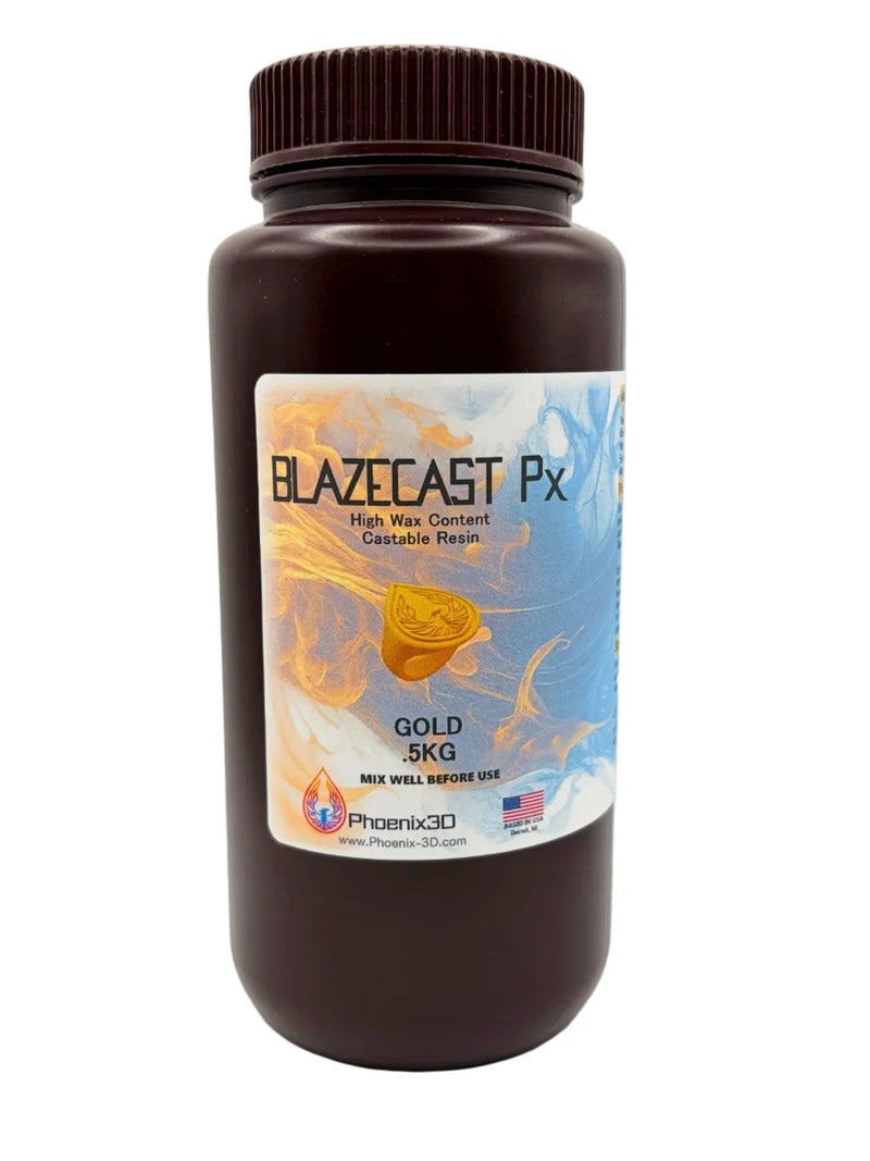 A front full view of BlazeCast Px  High Wax Content Jewelry Castable Resin in a .5kg brown plastic bottle with a ribbed cap, featuring the Phoenix 3D Supply logo, United States flag with the words BASED IN THE USA