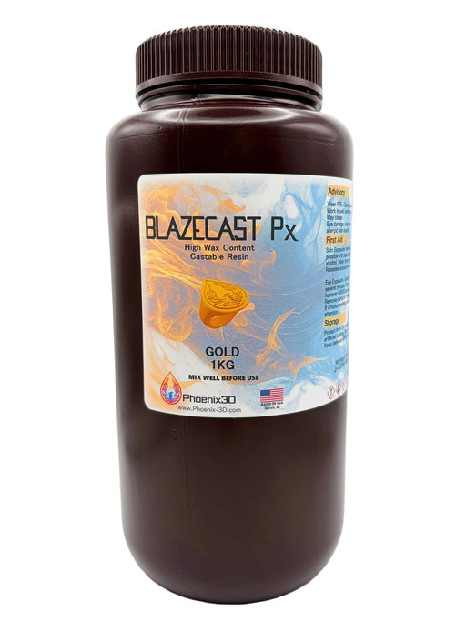 A front full view of BlazeCast Px  High Wax Content Jewelry Castable Resin in a 1kg brown plastic bottle with a ribbed cap, featuring the Phoenix 3D Supply logo, United States flag with the words BASED IN THE USA
