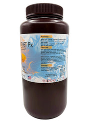 An offset view of BlazeCast Px 1kg in a dark brown plastic bottle with a ribbed cap, with general advisory, first aid and storage requirements.