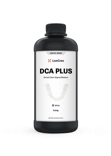 Bottle of LuxCreo DCA Plus dental resin on a white background, sold by Phoenix 3D supply, a premier supplier of resin.