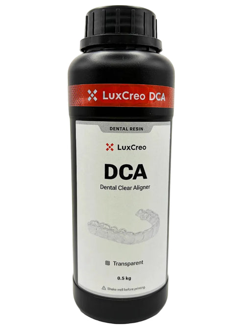 A frontal view of DCA Dental Clear Aligner & Retainer 3D printer resin manufactured by LuxCreo. Featuring a transparent aligner. 