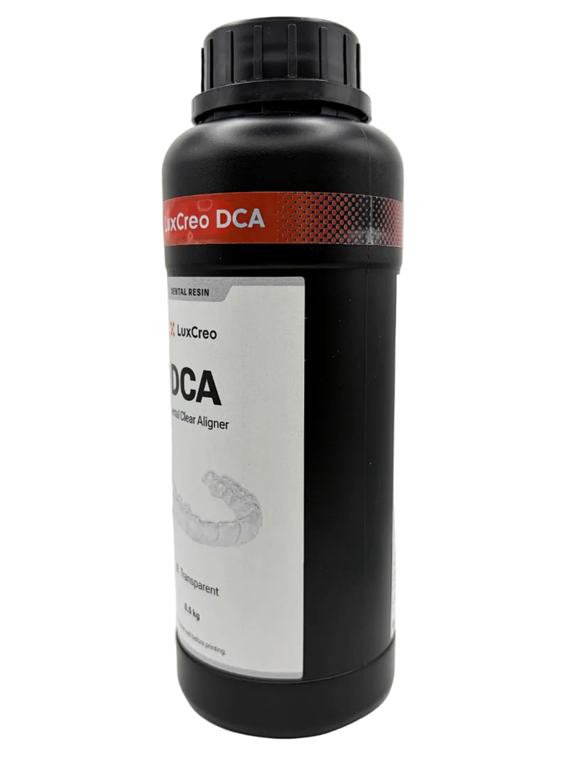An offset frontal view of DCA Dental Clear Aligner & Retainer 3D printer resin manufactured by LuxCreo. Features a violet tinted transparent aligner. 