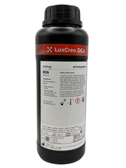 An offset rear view of DCA Dental Clear Aligner & Retainer 3D printer resin manufactured by LuxCreo. Features application information and a side view of safety information.
