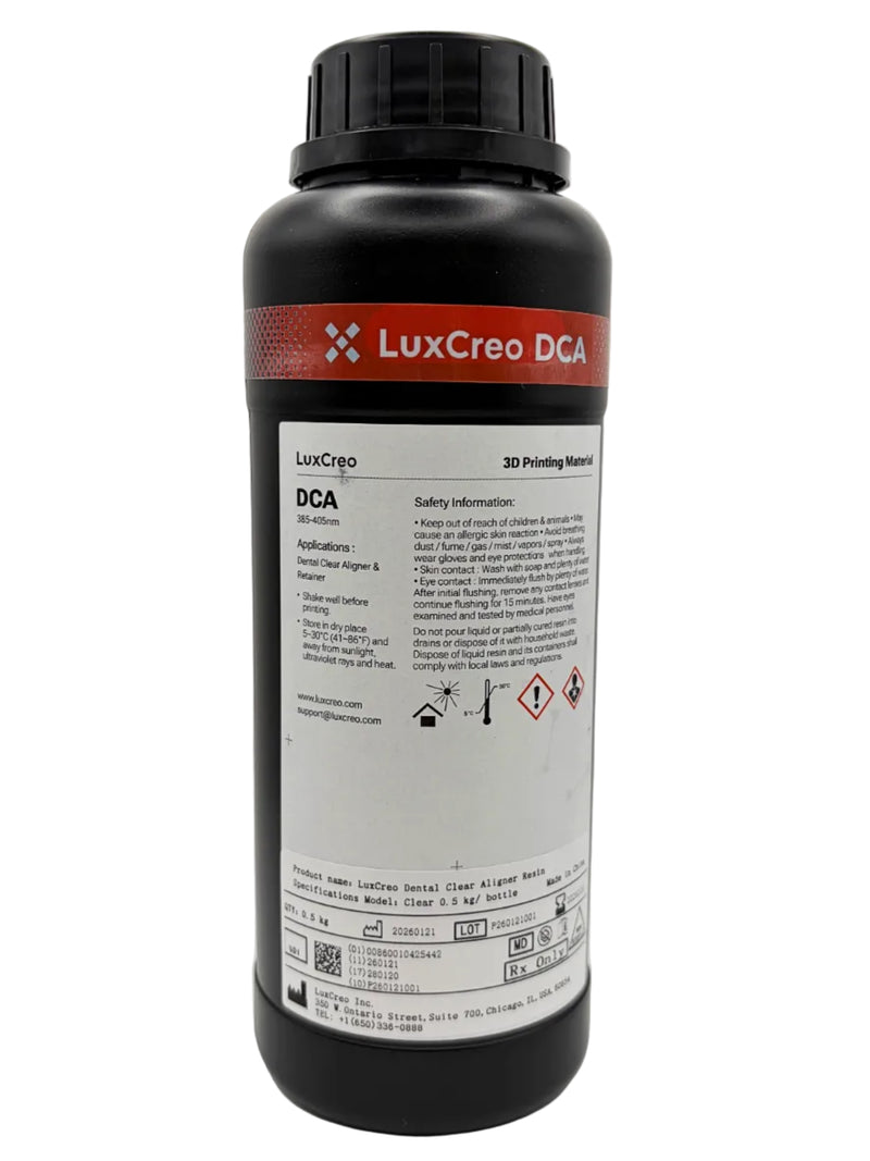 An offset rear view of DCA Dental Clear Aligner & Retainer 3D printer resin manufactured by LuxCreo. Features application information and a side view of safety information.
