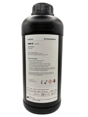 An back view of a 1 kg black plastic bottle of LuxCreo DMR III Dental Model Resin, featuring general application data and safety information recommendation, set against a plain white background.