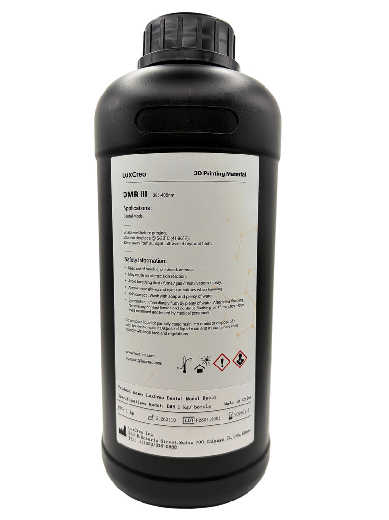 An back view of a 1 kg black plastic bottle of LuxCreo DMR III Dental Model Resin, featuring general application data and safety information recommendation, set against a plain white background.