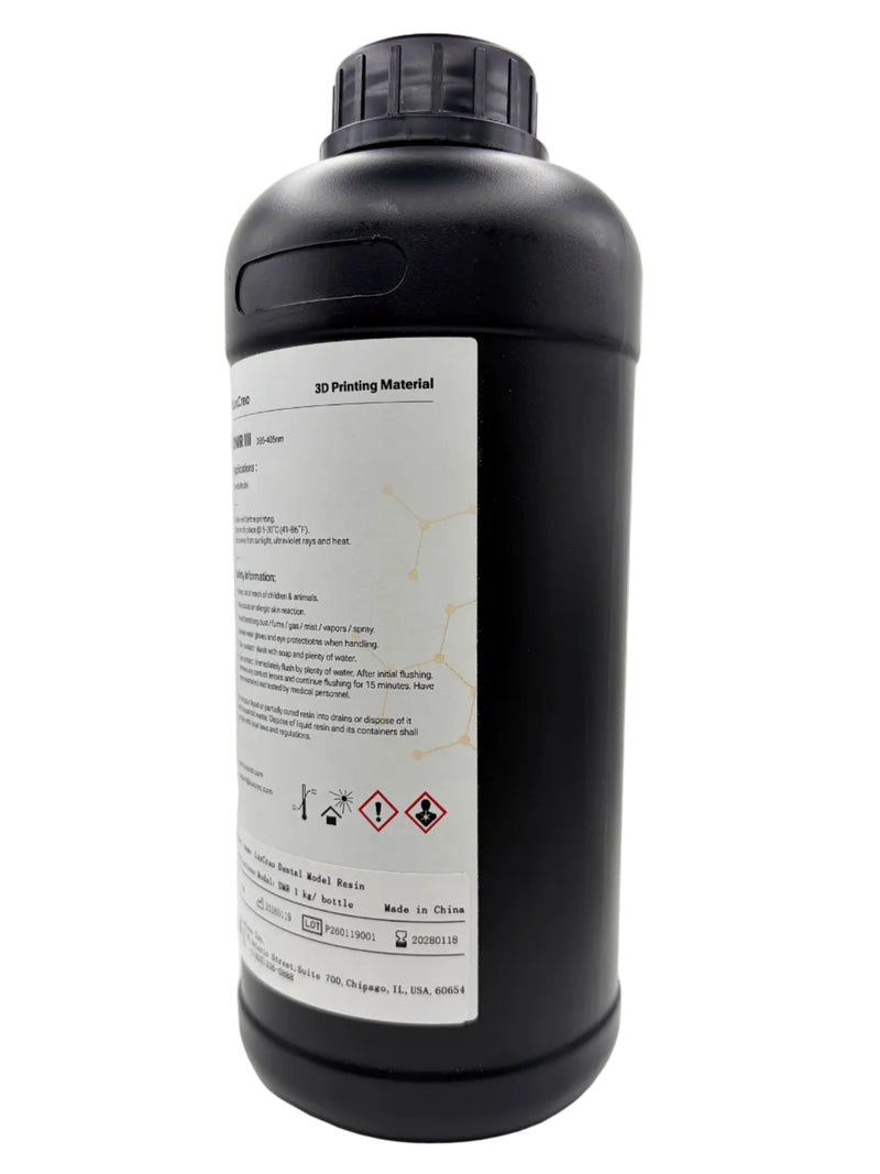 An back view of a 1 kg black plastic bottle of LuxCreo DMR III Dental Model Resin, featuring general application data and safety information recommendation, set against a plain white background.