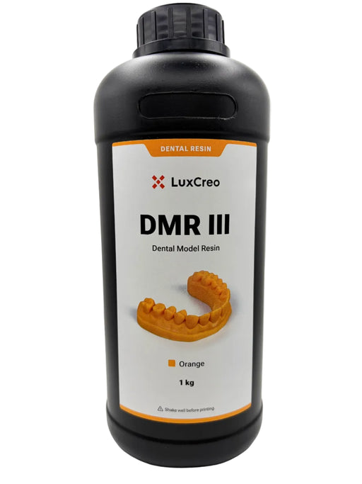 A front view of a 1 kg black plastic bottle of LuxCreo DMR III Dental Model Resin, featuring an orange-colored resin tray printed on the front label, set against a plain white background.
