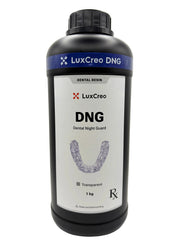 A frontal view of LuxCreo DNG Dental Night Guard dental resin in a black 1kg bottle, featuring a transparent night guard.