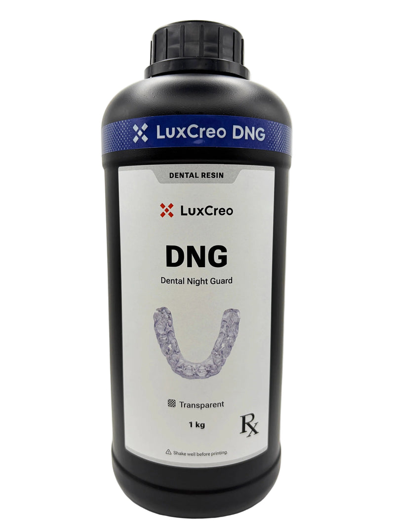A frontal view of LuxCreo DNG Dental Night Guard dental resin in a black 1kg bottle, featuring a transparent night guard.