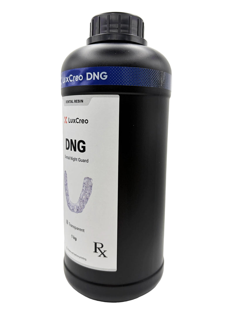 An offset front view of LuxCreo DNG Dental Night Guard dental resin in a black 1kg bottle, featuring a transparent night guard.