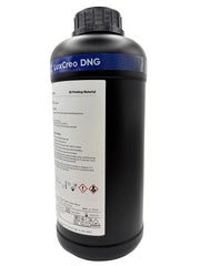 An offset rear view of LuxCreo DNG Dental Night Guard dental resin in a black 1kg bottle, featuring application information and safety information recommendation.