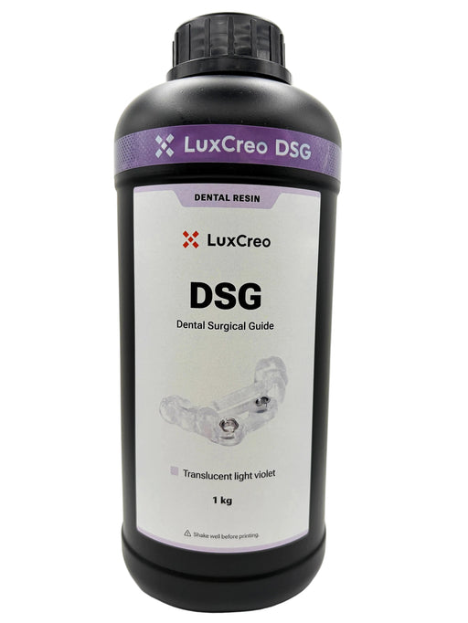 A frontal view of 1 kg bottle of LuxCreo DSG Dental Surgical Guide translucent light violet dental resin, featuring a black bottle with a purple and white label.
