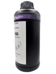 An offset view of 1 kg bottle of LuxCreo DSG Dental Surgical Guide translucent light violet dental resin, featuring a black bottle with a purple and white label.