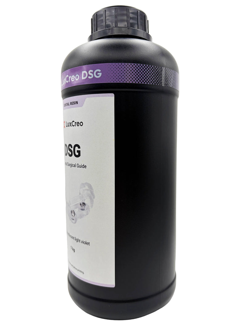 An offset view of 1 kg bottle of LuxCreo DSG Dental Surgical Guide translucent light violet dental resin, featuring a black bottle with a purple and white label.