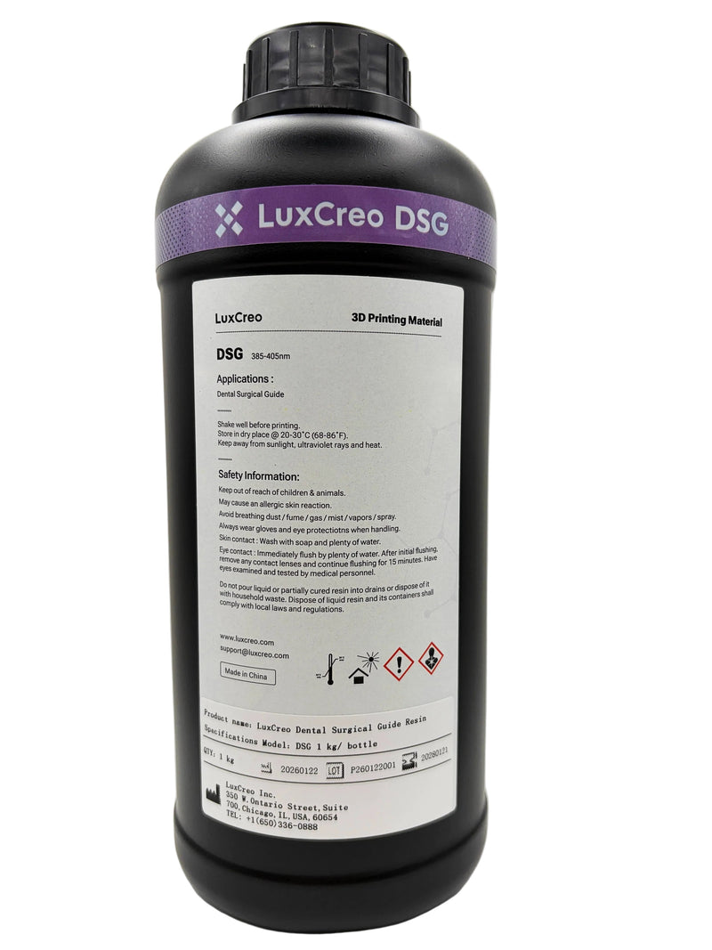 A rear view of 1 kg bottle of LuxCreo DSG Dental Surgical Guide translucent light violet dental resin, featuring a black bottle with a purple and white label. With application information and safety information recommendation.