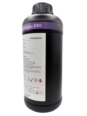 A rear offset view of 1 kg bottle of LuxCreo DSG Dental Surgical Guide translucent light violet dental resin, featuring a black bottle with a purple and white label. With application information and safety information recommendation.