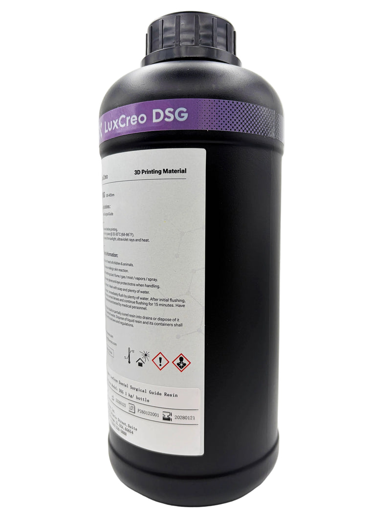 A rear offset view of 1 kg bottle of LuxCreo DSG Dental Surgical Guide translucent light violet dental resin, featuring a black bottle with a purple and white label. With application information and safety information recommendation.