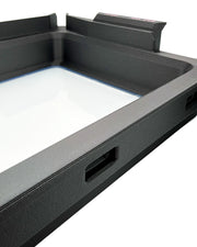 An offset, editorial view of a Phoenix Echo resin tray, detailing the pour area and clean additive manufacturing build.