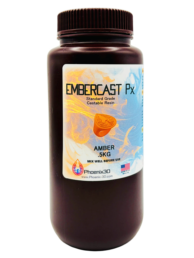 A front view of 5kg bottle of Phoenix3D EmberCast Px Standard Grade Castable Resin in Amber color, featuring a dark amber-brown bottle with a ribbed black cap and a white label with orange and blue graphics.

