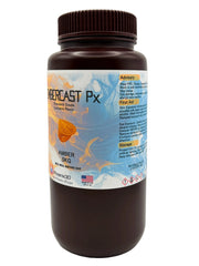An offset view of 5kg bottle of Phoenix3D EmberCast Px Standard Grade Castable Resin in Amber color, featuring a dark amber-brown bottle with a ribbed black cap and a white label with orange and blue graphics.
