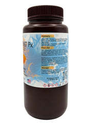 An offset view of 5kg bottle of Phoenix3D EmberCast Px Standard Grade Castable Resin in Amber color, featuring a dark amber-brown bottle with a ribbed black cap and a white label with orange and blue graphics, with advisory, first aid and storage recommendation.