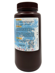 An offset view of 5kg bottle of Phoenix3D EmberCast Px Standard Grade Castable Resin in Amber color, featuring a dark amber-brown bottle with a ribbed black cap and a white label with orange and blue graphics, with advisory, first aid and storage recommendation.