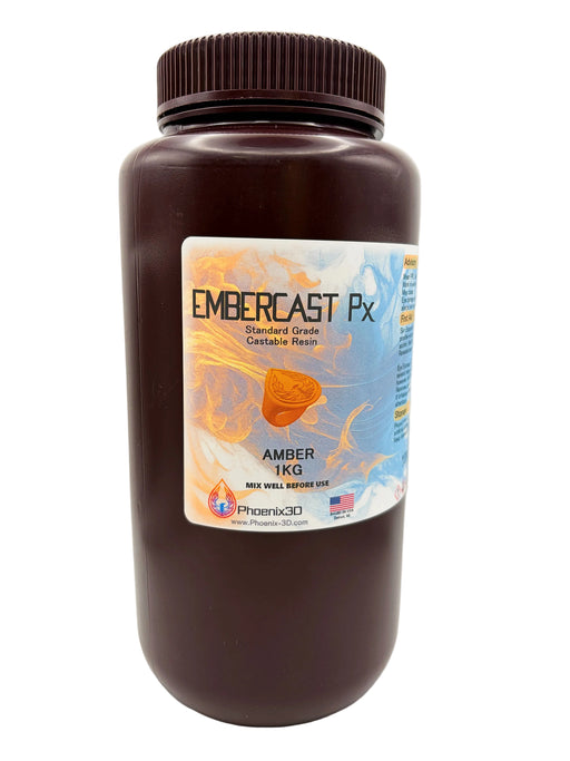 An offset view of EmberCast 1kg in a dark brown plastic bottle with ribbed cap, with the Phoenix 3D Supply logo, the flag of the United States of America, general advisory, first aid and storage usage recommendations.