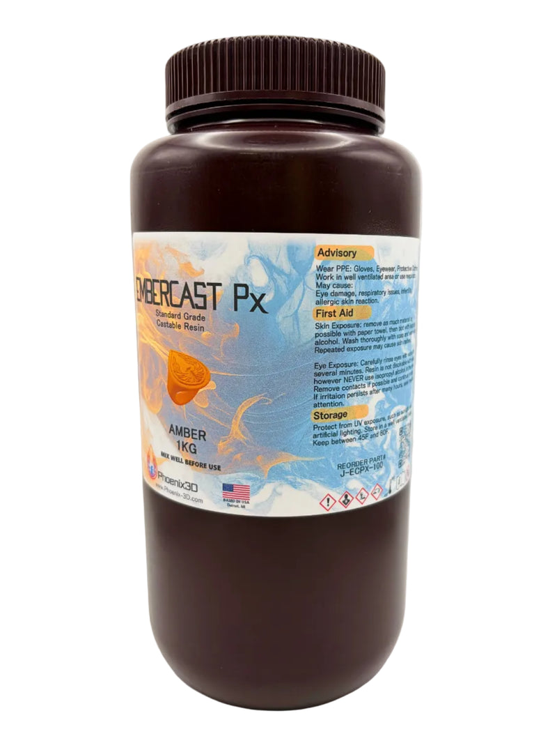 An offset view of EmberCast 1kg in a dark brown plastic bottle with ribbed cap, with the flag of the United States of America, general advisory, first aid and storage usage recommendations.