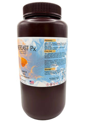 An offset view of EmberCast 1kg in a dark brown plastic bottle with ribbed cap, with general advisory, first aid and storage usage recommendations.