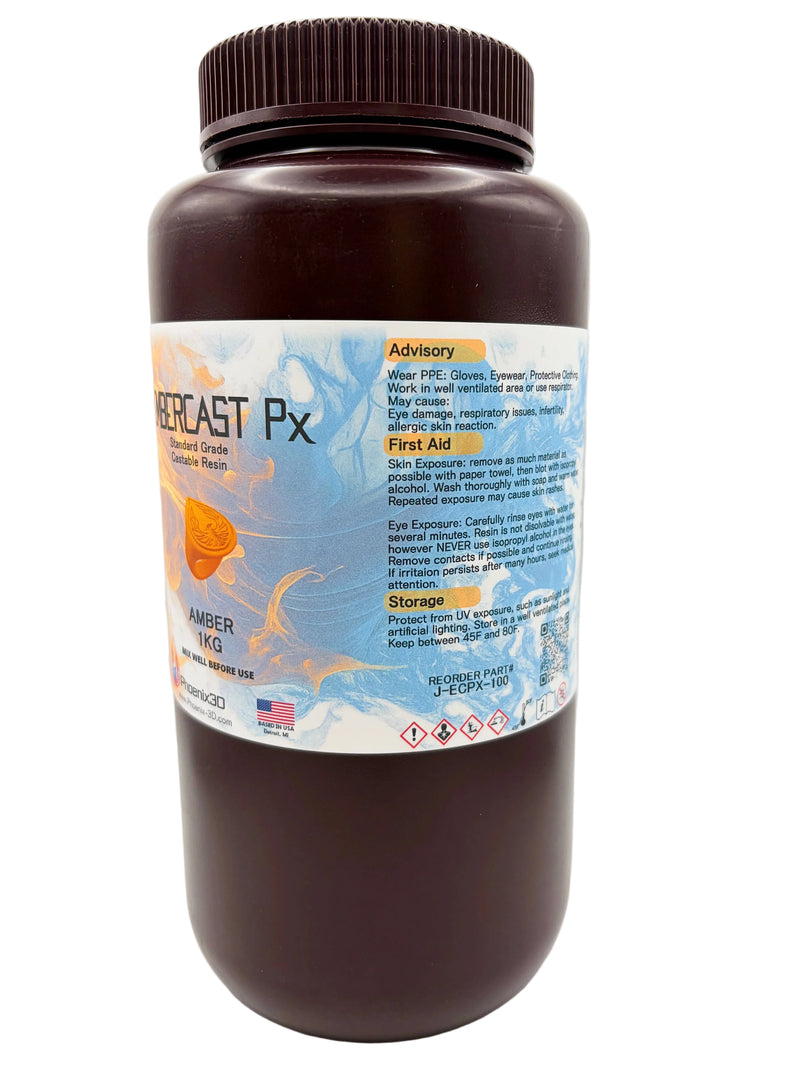 An offset view of EmberCast 1kg in a dark brown plastic bottle with ribbed cap, with general advisory, first aid and storage usage recommendations.