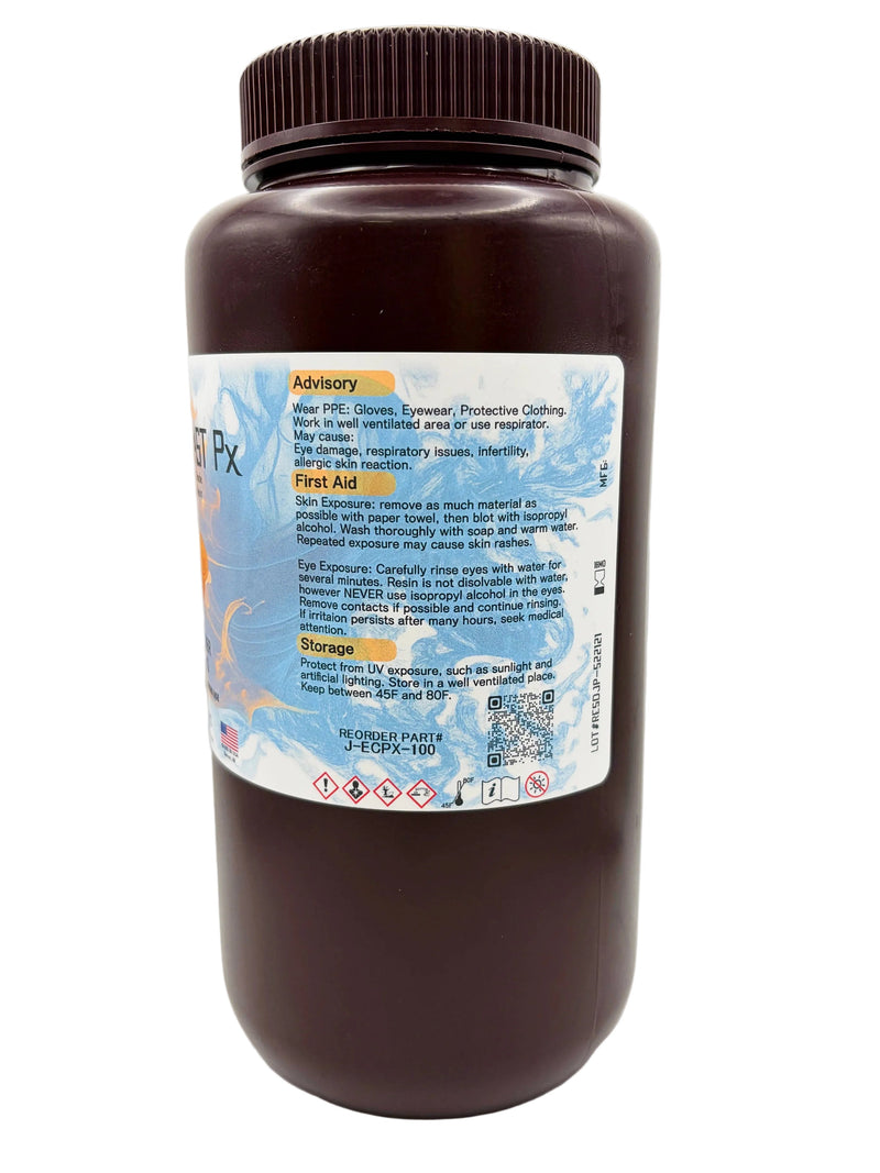 An offset view of EmberCast in a dark brown plastic bottle with ribbed cap, with general advisory, first aid and storage usage recommendations.