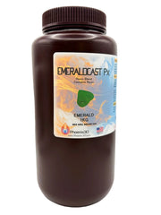 A front view of EmeraldCast Px jewelry casting resin, in a .5kg brown plastic bottle with a ribbed cap, featuring a Phoenix 3D Supply logo and United States of America flag.