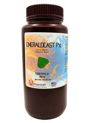 A front view of EmeraldCast Px jewelry casting resin, in a .5kg brown plastic bottle with a ribbed cap, featuring a Phoenix 3D Supply logo and United States of America flag.