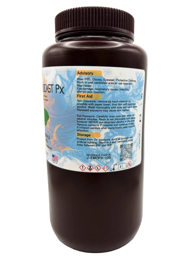 An offset view of EMERALDCAST Px jewelry 3D printing resin in a dark brown plastic bottle with a ribbed screw cap, featuring a white and blue label with safety instructions and text. 