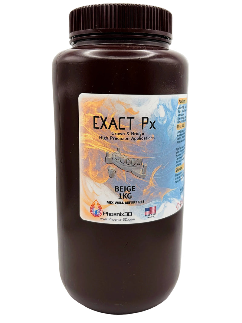 A front view of Exact Px Beige in a 1kg brown plastic bottle with a ribbed cap, against a white background. The label on the plastic bottle features the Phoenix 3D logo and United States flag with the words BASED IN THE USA.